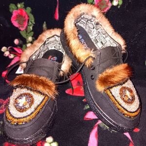 Queen Bee Hand Beaded Slip-Ons with Beaver Fur